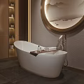 Modern Freestanding Bathtub with Round Mirror Wooden Shelves and Towels in Elegant Bathroom Interior
