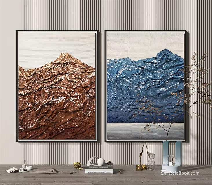 Two Abstract Paintings With Brown And Blue Textured Mountain Like Patterns 3d model