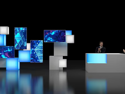 Modern Tech Display With Multiple Screens Dynamic Blue Purple Patterns And White Counter 3d model