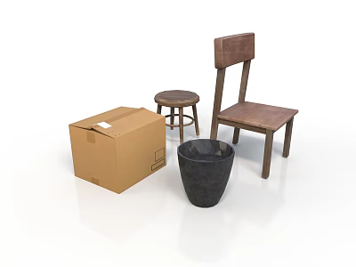 Simple Wooden Chair And Round Stool With Cardboard Box And Black Bucket 3d model