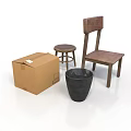 Simple Wooden Chair And Round Stool With Cardboard Box And Black Bucket