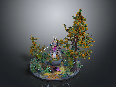 Detailed Fantasy Forest Scene Diorama With Fairy Trees Flowers And Stones 3d model