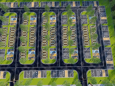 Aerial View Of Parking Lot With Neatly Arranged Spaces Trees And Driveways 3d model