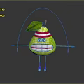 Smiling Cartoon Pear Game Character With Red White Striped Hat Green Leaf And Skipping Rope 3d model