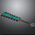 Ornate Ancient Weapon Featuring Blue Intricate Patterns Brown Long Handle And Top Ornament