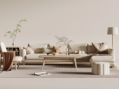 Cozy Beige Sofa Coffee Table Set With Throw Pillows Floor Lamp And Ottoman 3d model