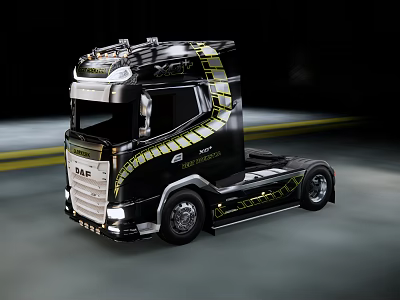 Scania Truck Featuring Black Body Gold Snake Design and Dynamic Driving Scene 3d model