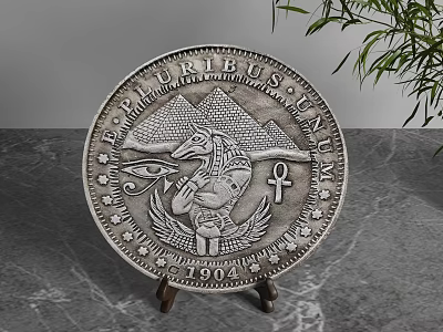 Egyptian Style Silver Decorative Ornament Set With Horus Pyramids Ankh On Marble Surface 3d model
