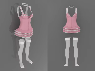 Stylish Pink Spaghetti Strap Dress With Layered Skirt And White Thigh High Socks 3d model