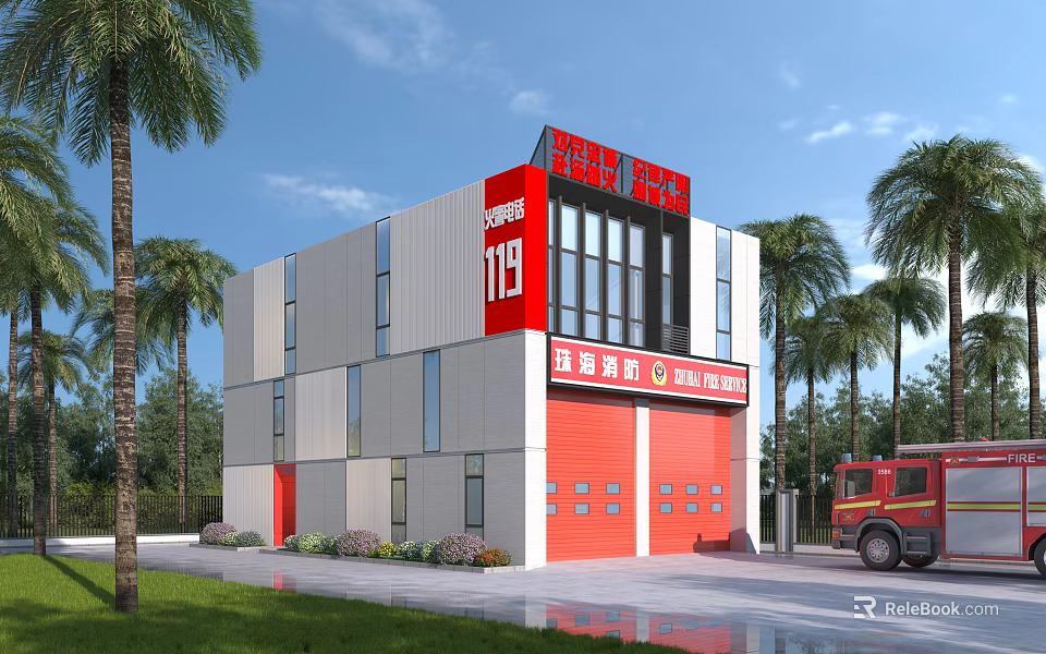 Modern Fire Station Building With Red Gray Exterior 119 Sign Fire Truck And Palm Trees 3d model 