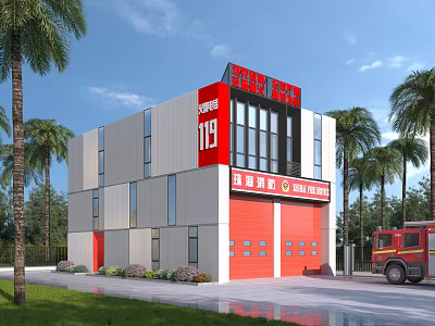 Modern Fire Station Building With Red Gray Exterior 119 Sign Fire Truck And Palm Trees 3d model