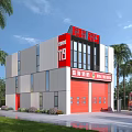 Modern Fire Station Building With Red Gray Exterior 119 Sign Fire Truck And Palm Trees