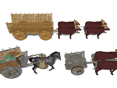 Traditional Oxen And Horse Pulled Carts With Wooden Wheels And Cargo Baskets 3d model
