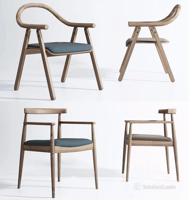Modern Wooden Armchair With Blue Gray Cushions And Multiple Angles Design 3d model 