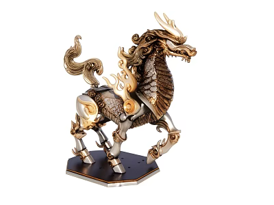 Mythical Kirin Sculpture with Golden Black Metal Intricate Mane Tail and Hexagonal Base 3d model