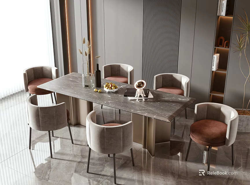 Modern Upholstered Dining Chairs With Gray Brown Seats And Metal Legs Around Marble Dining Table 3d model 
