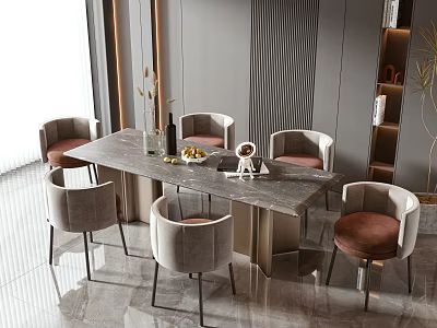 Modern Upholstered Dining Chairs With Gray Brown Seats And Metal Legs Around Marble Dining Table 3d model