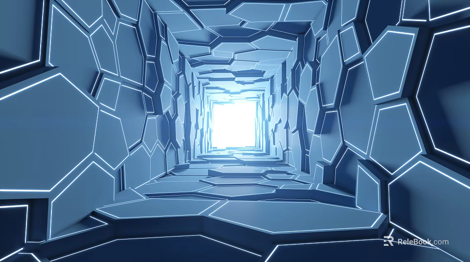 Cartoon Style Hexagonal Tunnel With Blue Tones Glowing Lines Leading To Bright Light 3d model 