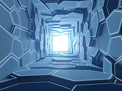 Cartoon Style Hexagonal Tunnel With Blue Tones Glowing Lines Leading To Bright Light 3d model