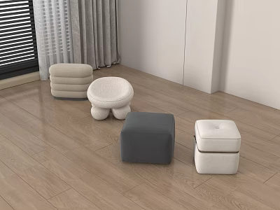 Modern Home Interior With Different Style Soft Upholstered Stools In Gray And White 3d model