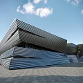 Modern Museum Building with Metal Material Geometric Design and Palm Trees under Blue Sky Plaza