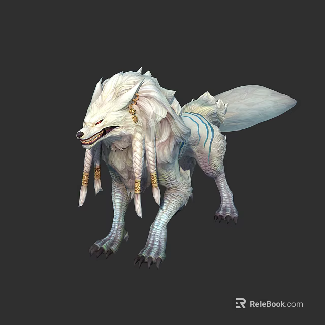 White Fur Mythical Wolf Like Creature With Blue Stripes And Golden Tassels 3d model 