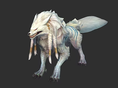 White Fur Mythical Wolf Like Creature With Blue Stripes And Golden Tassels 3d model