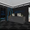 Modern Bar Counter Area With Blue Lighting TV Screens Stools Gray Walls And Checkerboard Floor