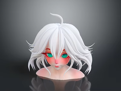 Female Head Model With White Short Hair Red Eyeshadow Green Eyes And Blushing Cheeks 3d model