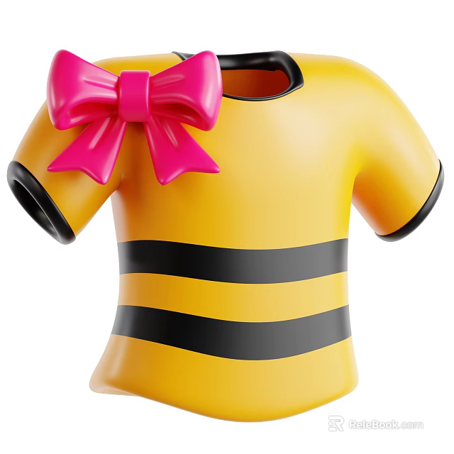 Cute Yellow T-shirt With Black Stripes And Pink Bow On Neckline 3d model 