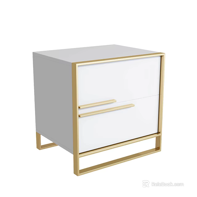 Modern Bedside Table With White Surface Gold Frame And Two Drawers 3d model 