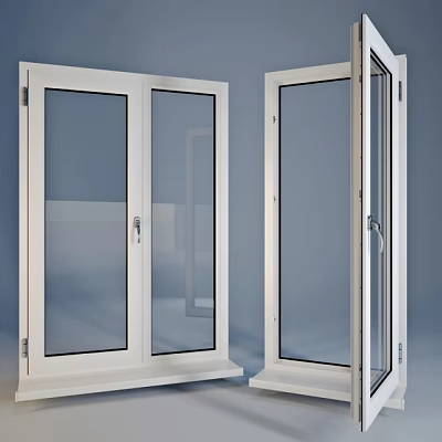 Modern White Frame Casement Windows With Clear Glass Panels And Open Close Design 3d model