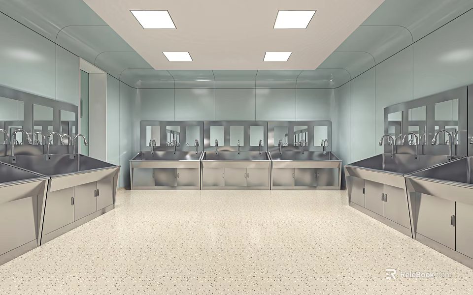 Cleanroom Facility With Stainless Steel Sinks Multiple Basins And Reflective Walls 3d model 