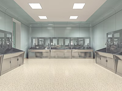 Cleanroom Facility With Stainless Steel Sinks Multiple Basins And Reflective Walls 3d model