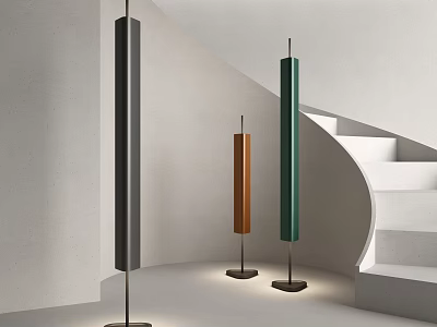 Modern Interior Design With Three Colored Floor Lamps And White Wall Staircase 3d model