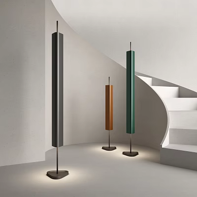 Modern Interior Design With Three Colored Floor Lamps And White Wall Staircase 3d model