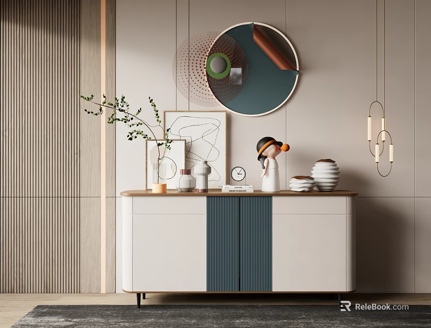 Modern Entryway Side Cabinet With Circular Mirror And Decorative Items On Top Surface 3d model