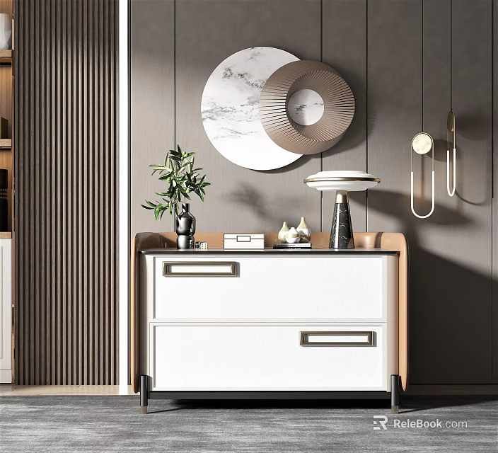 Modern Console Table With Drawers Green Plant And Circular Wall Decor 3d model