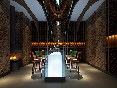 Luxurious Wine Cellar Interior Design With Stone Walls Wine Racks Green Chairs And Bar Counter 3d model