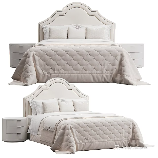 Double Bed With Upholstered Headboard Beige Scallop Pattern Quilt White Pillows And Matching Nightstands 3d model 
