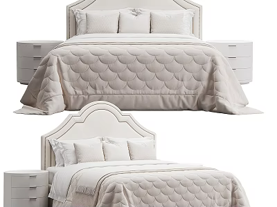 Double Bed With Upholstered Headboard Beige Scallop Pattern Quilt White Pillows And Matching Nightstands 3d model