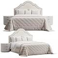 Double Bed With Upholstered Headboard Beige Scallop Pattern Quilt White Pillows And Matching Nightstands