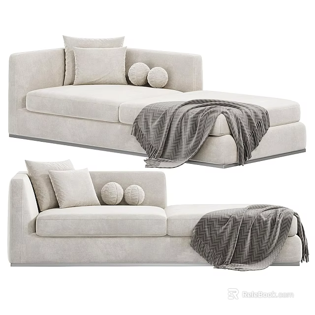 Modern Beige Chaise Lounge With Soft Round Cushions And Gray Throw Blanket 3d model 