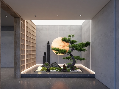 New Chinese style landscape sketch indoor plant landscaping porch landscape sketch rockery stone pine tree indoor landscape 3d model