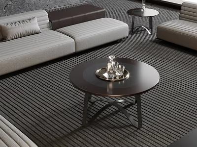 Modern Round Coffee Table With Metal Frame And Decorative Tray In Living Room 3d model