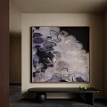 Abstract Oil Painting With Purple Gray Tones Dark Frame Wall Hanging Black Table Green Fruits