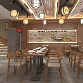 Traditional Modern Restaurant Interior With Wooden Tables Chairs Shelves Lattice Ceiling And Pendant Lights