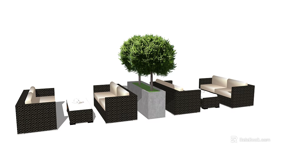 Outdoor Wicker Sofa Set with Light Cushions Small Tree Planter and Side Table 3d model