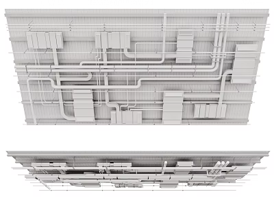 Industrial Suspended Ceiling Design Featuring Exposed Pipes Ducts And Metal Framework 3d model
