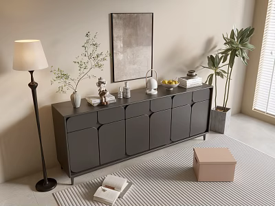 Modern Dark Grey Dresser With Floor Lamp Green Plants Framed Wall Art And Decorative Items 3d model